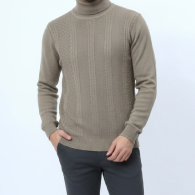 Pull à Col Roulé en Maille Tressée – Élégance Classique
