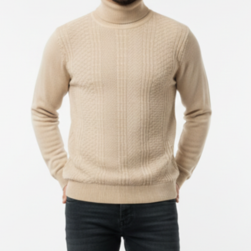 Pull à Col Roulé en Maille Tressée – Élégance Classique